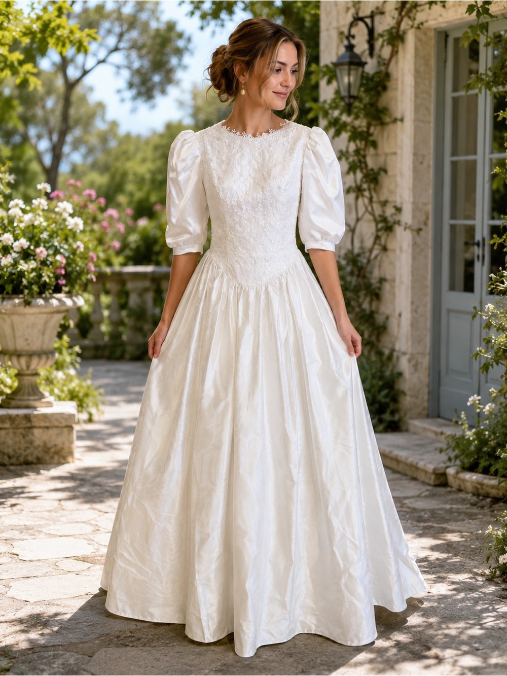 Vintage Jessica McClintock Ivory Lace Bodice Puff-Sleeve A-Line Gown